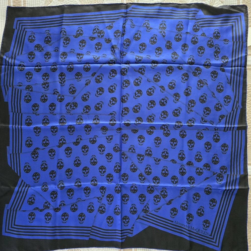 Alexander McQueen Biker Crashed Skull Silk Scarf Bright Blue Black